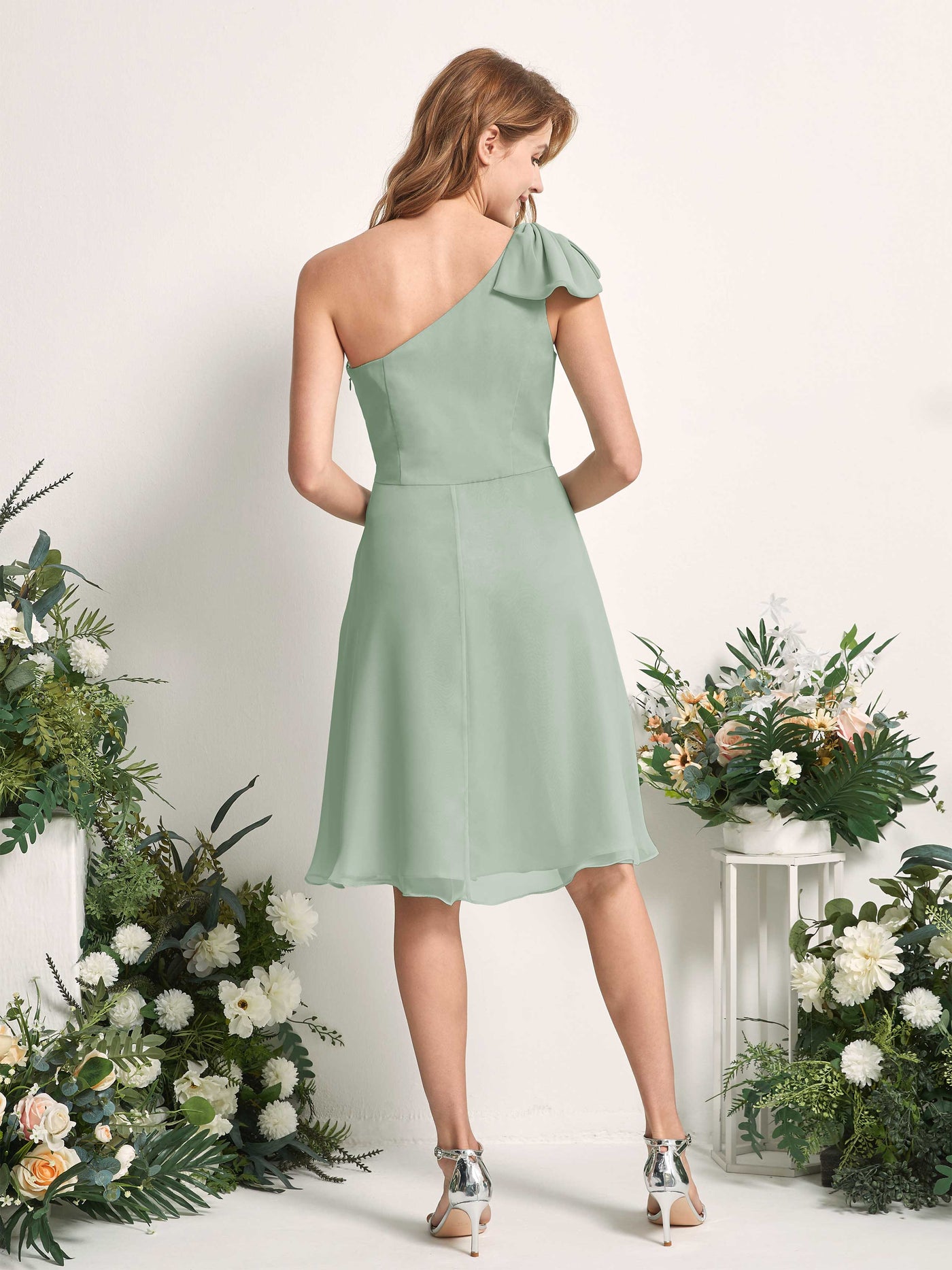 Bridesmaid Dress A-line Chiffon One Shoulder Knee Length Sleeveless Wedding Party Dress - Sage Green (81227005)#color_sage-green