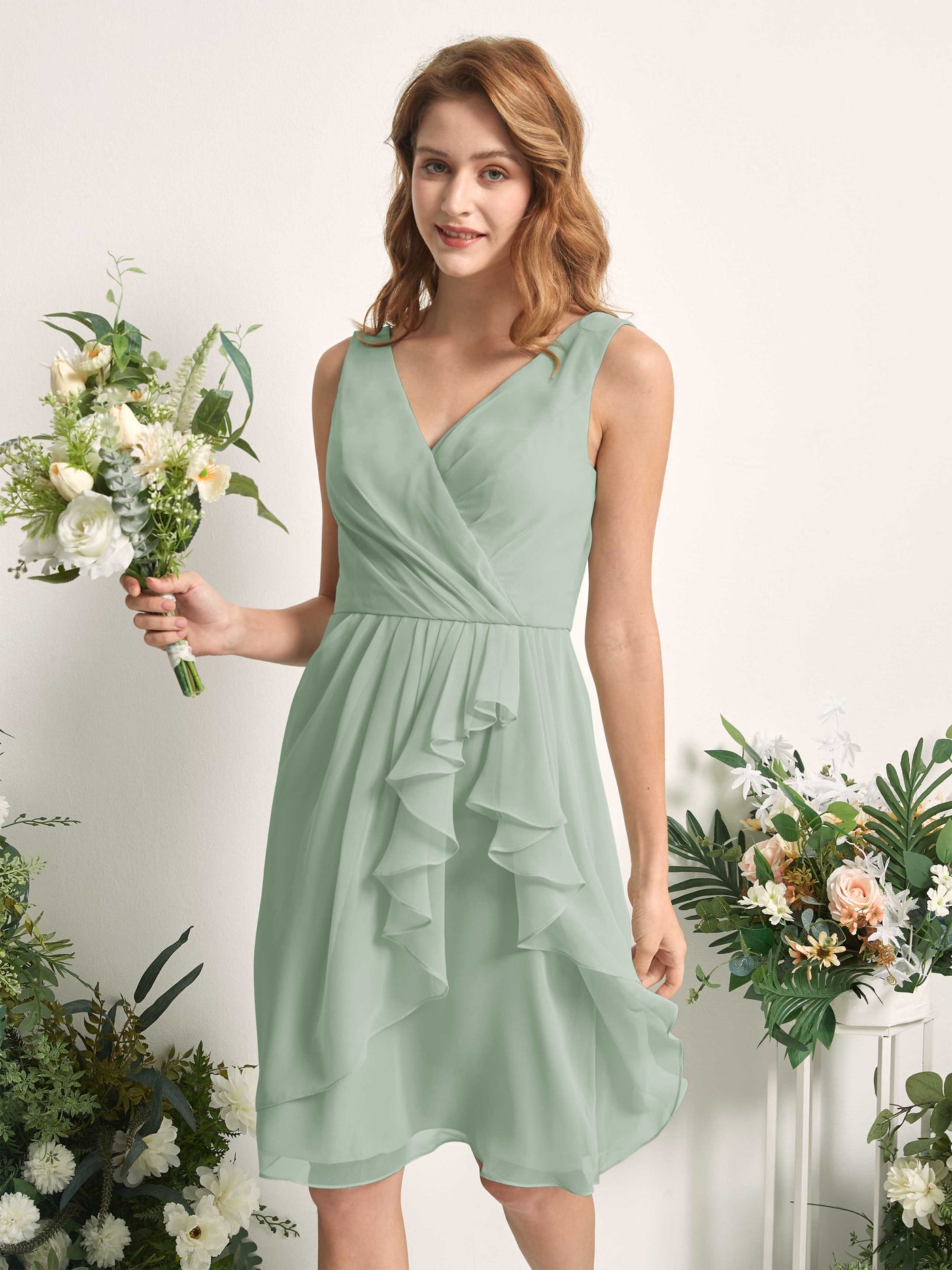 Bridesmaid Dress A-line Chiffon Straps Knee Length Sleeveless Wedding Party Dress - Sage Green (81226605)#color_sage-green