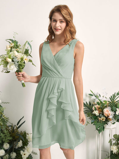Carlyna Alisha A-Line Sage Green Bridesmaid Dress Knee-Length Sleeveless V-Neck Dress Side View 2 #color_sage-green