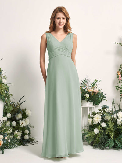 Carlyna June A-Line Sage Green Bridesmaid Dress Maxi Sleeveless V-Neck Dress Front View #color_sage-green