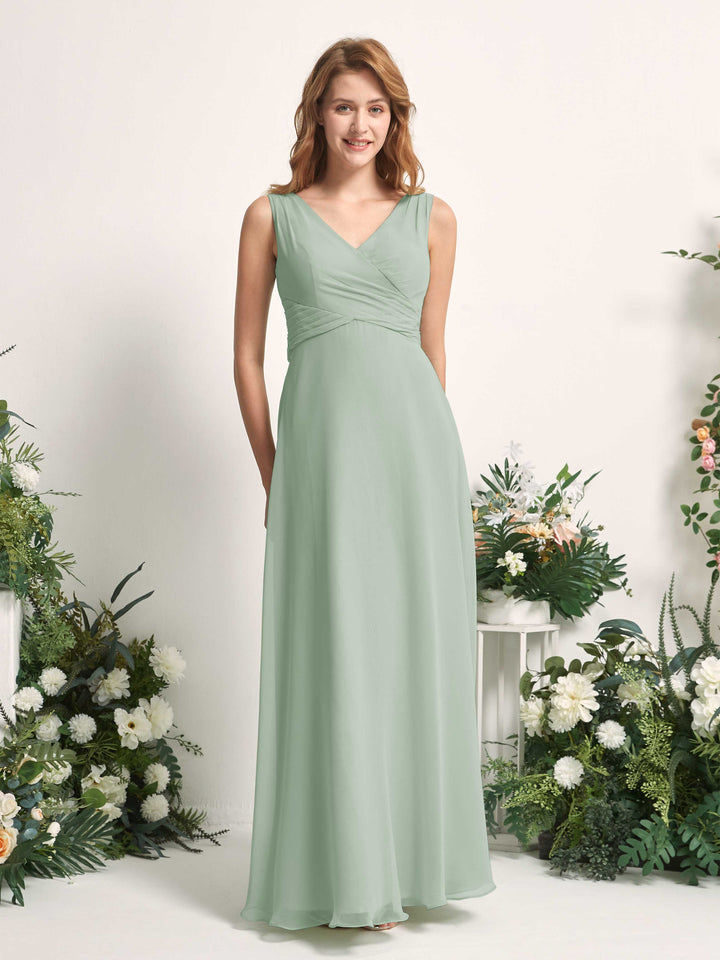 Bridesmaid Dress A-line Chiffon Straps Full Length Sleeveless Wedding Party Dress - Sage Green (81227305)