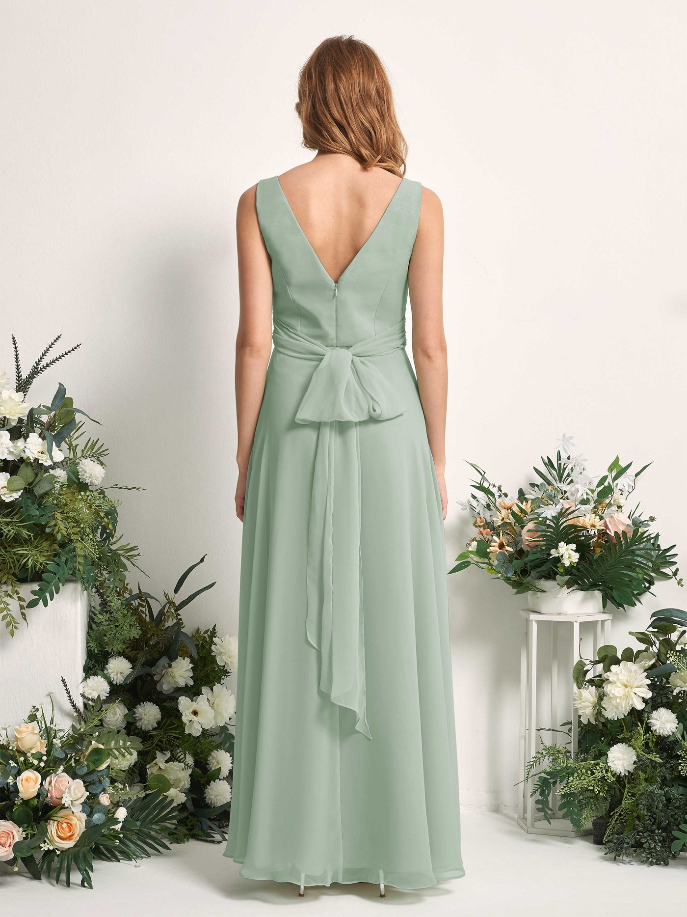 Bridesmaid Dress A-line Chiffon Straps Full Length Sleeveless Wedding Party Dress - Sage Green (81227305)#color_sage-green