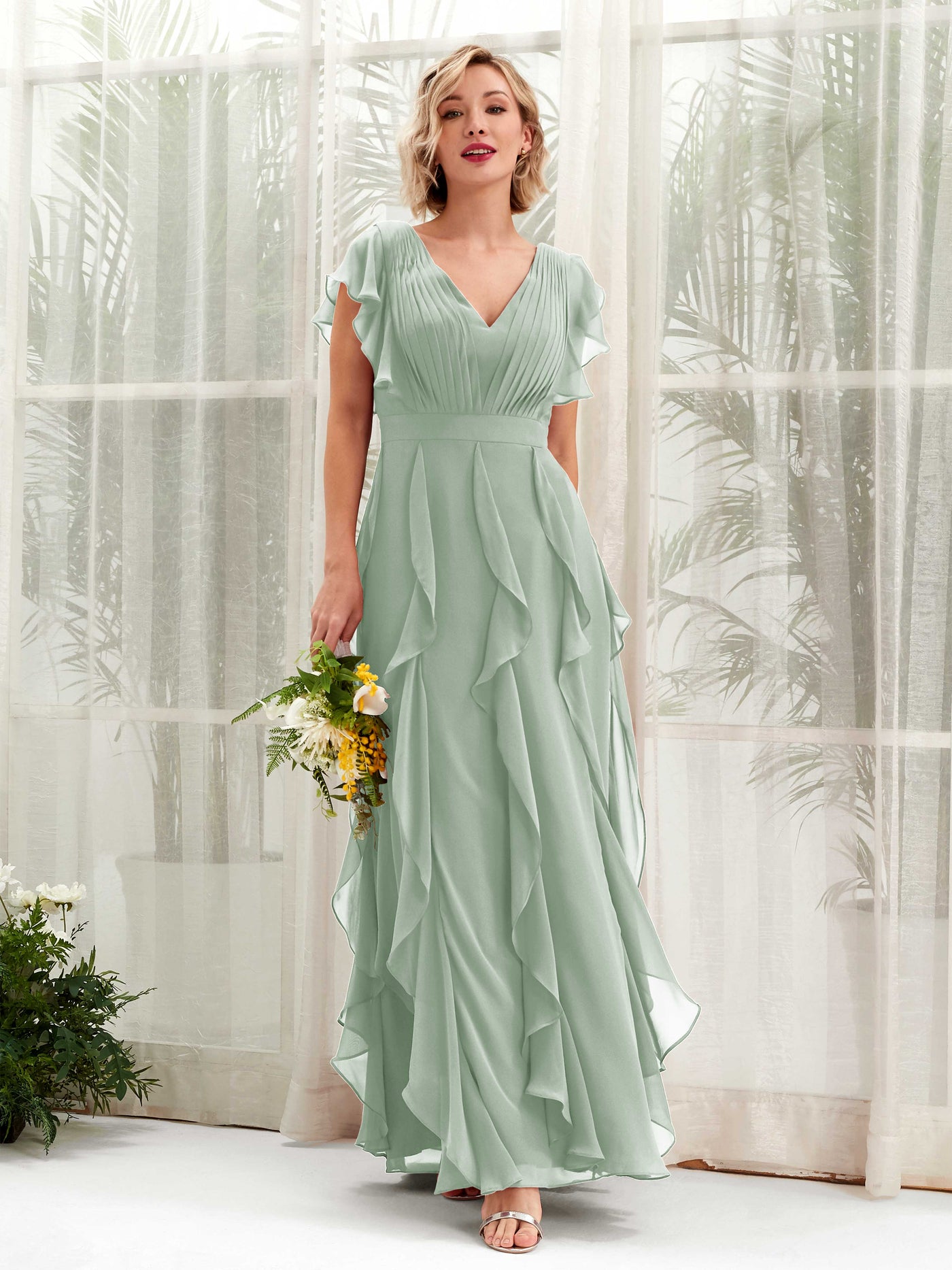 A-line Open back V-neck Short Sleeves Chiffon Bridesmaid Dress - Sage Green (81226005)#color_sage-green