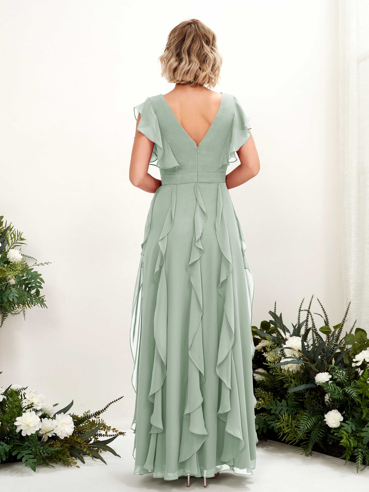 A-line Open back V-neck Short Sleeves Chiffon Bridesmaid Dress - Sage Green (81226005)#color_sage-green
