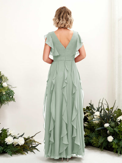 Carlyna Cynthia A-Line Sage Green Bridesmaid Dress Maxi Cap Sleeve V-Neck Dress Back View #color_sage-green