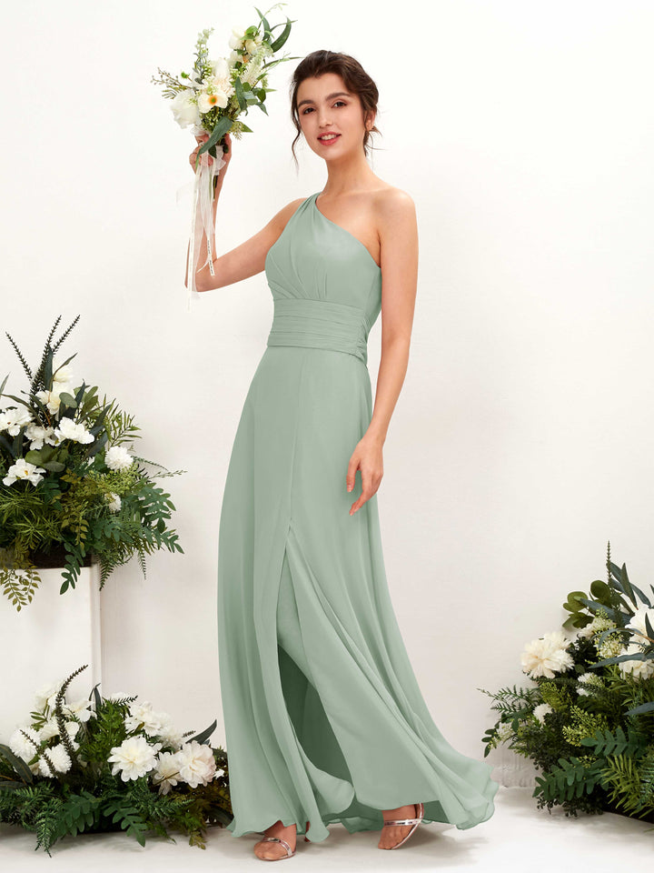 Sage Green Bridesmaid Dresses Bridesmaid Dress A-line Chiffon One Shoulder Full Length Sleeveless Wedding Party Dress (81224705)
