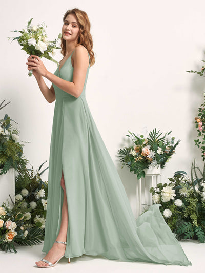 Carlyna Marcia A-Line Sage Green Bridesmaid Dress Maxi Sleeveless V-Neck Dress Side View 2 #color_sage-green