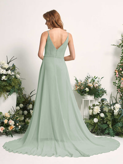 Carlyna Marcia A-Line Sage Green Bridesmaid Dress Maxi Sleeveless V-Neck Dress Back View #color_sage-green