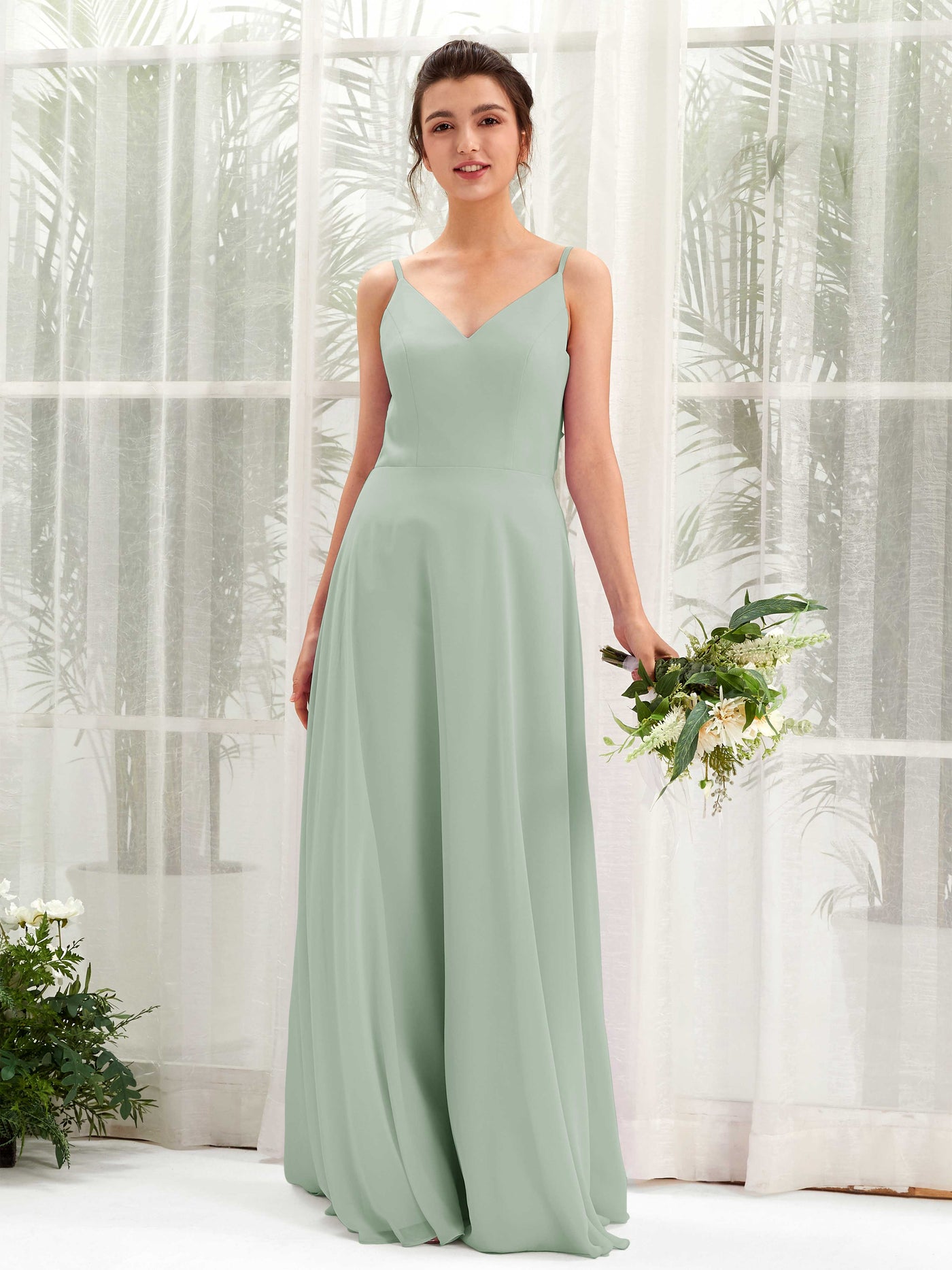 Sage Green Bridesmaid Dresses Bridesmaid Dress A-line Chiffon Spaghetti-straps Full Length Sleeveless Wedding Party Dress (81220605)#color_sage-green