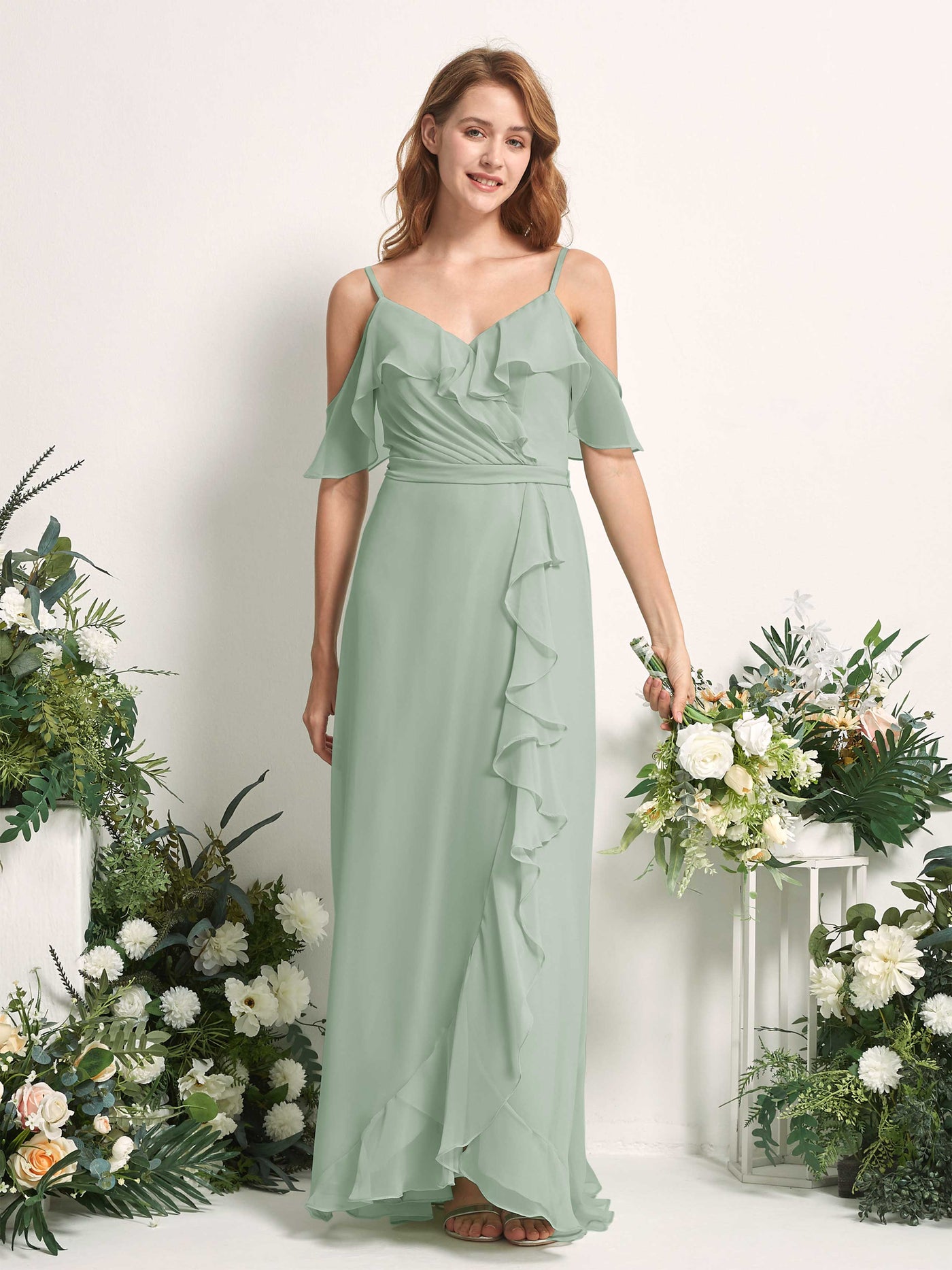 Bridesmaid Dress A-line Chiffon Spaghetti-straps Full Length Sleeveless Wedding Party Dress - Sage Green (81227405)#color_sage-green
