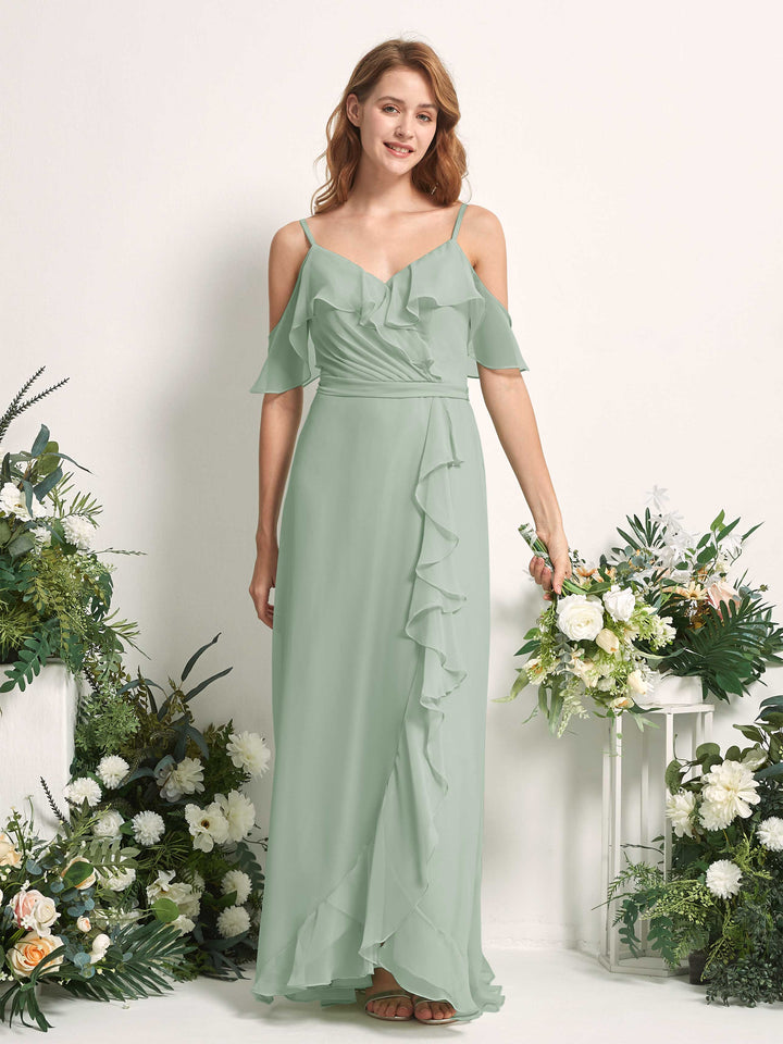 Bridesmaid Dress A-line Chiffon Spaghetti-straps Full Length Sleeveless Wedding Party Dress - Sage Green (81227405)