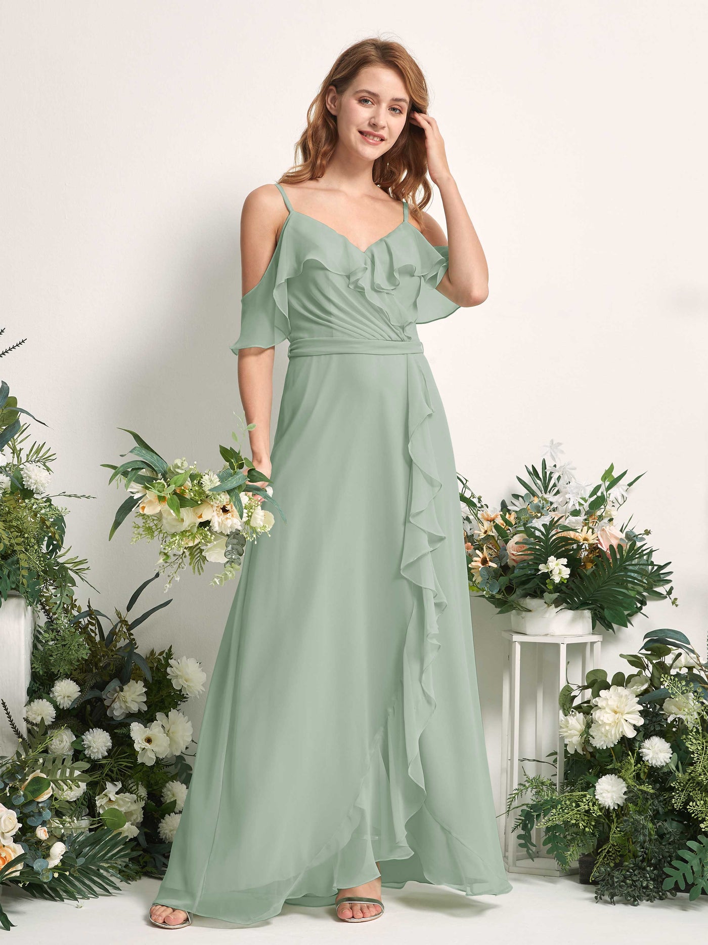 Bridesmaid Dress A-line Chiffon Spaghetti-straps Full Length Sleeveless Wedding Party Dress - Sage Green (81227405)#color_sage-green
