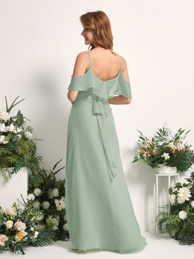 Carlyna Yvette A-Line Sage Green Bridesmaid Dress Maxi Sleeveless V-Neck Dress Back View #color_sage-green