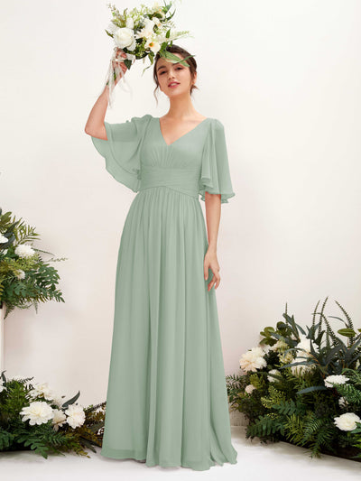 Carlyna Odette A-Line Sage Green Bridesmaid Dress Maxi Short Sleeve V-Neck Dress Front View #color_sage-green