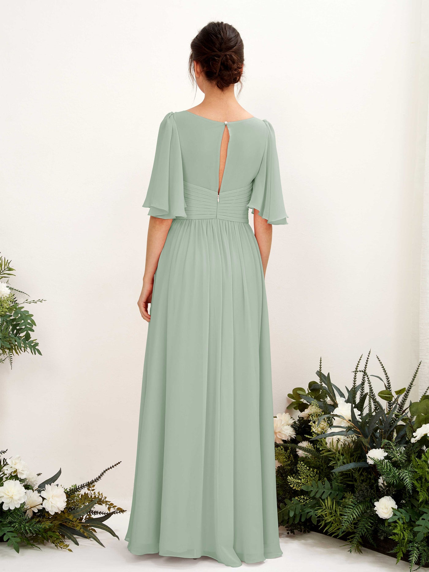 Sage Green Bridesmaid Dresses Bridesmaid Dress A-line Chiffon V-neck Full Length 1/2 Sleeves Wedding Party Dress (81221605)#color_sage-green