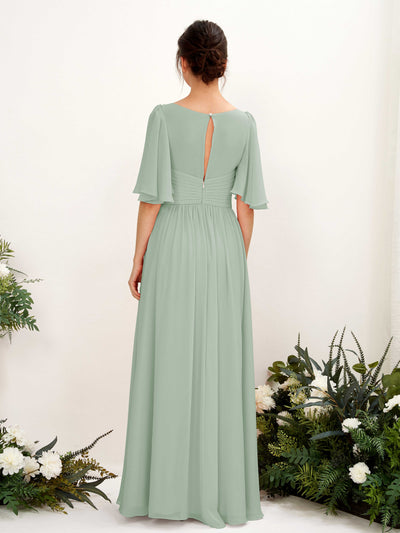 Carlyna Odette A-Line Sage Green Bridesmaid Dress Maxi Short Sleeve V-Neck Dress Back View #color_sage-green