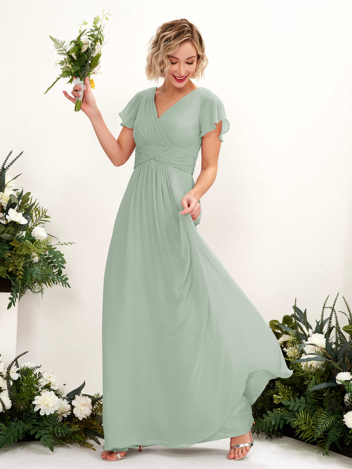Sage Green Bridesmaid Dresses Bridesmaid Dress A-line Chiffon V-neck Full Length Short Sleeves Wedding Party Dress (81224305)