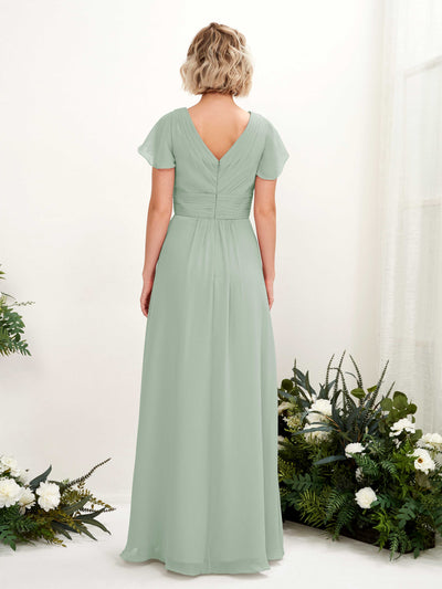 Carlyna Tolly A-Line Sage Green Bridesmaid Dress Maxi Cap Sleeve V-Neck Dress Back View #color_sage-green
