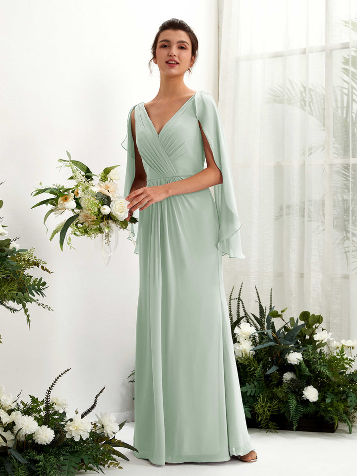 Sage Green Bridesmaid Dresses Bridesmaid Dress A-line Chiffon Straps Full Length Long Sleeves Wedding Party Dress (80220105)