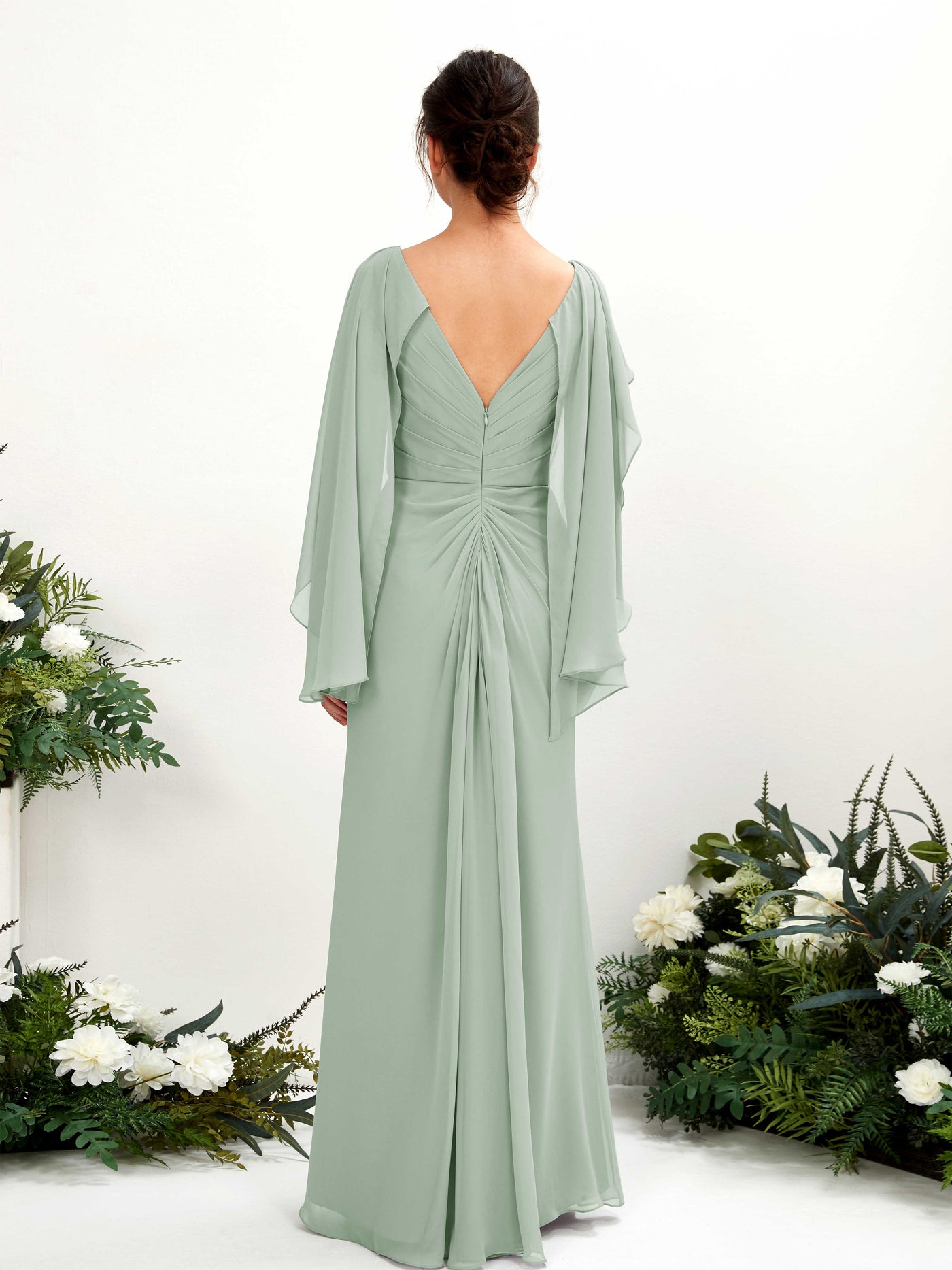 Sage Green Bridesmaid Dresses Bridesmaid Dress A-line Chiffon Straps Full Length Long Sleeves Wedding Party Dress (80220105)#color_sage-green