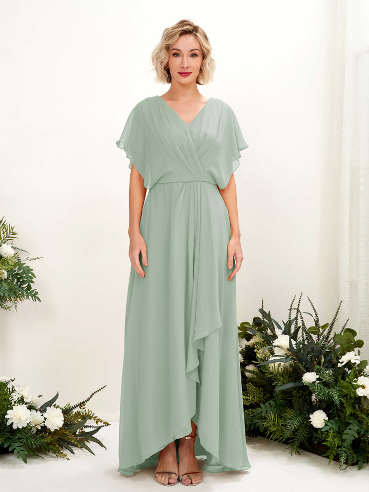 Sage Green Bridesmaid Dresses Bridesmaid Dress A-line Chiffon V-neck Full Length Short Sleeves Wedding Party Dress (81222105)