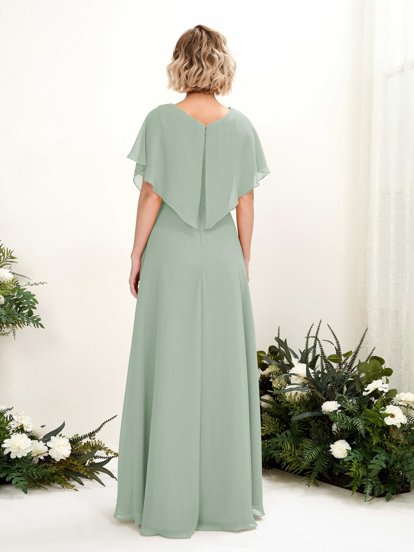 Sage Green Bridesmaid Dresses Bridesmaid Dress A-line Chiffon V-neck Full Length Short Sleeves Wedding Party Dress (81222105)#color_sage-green