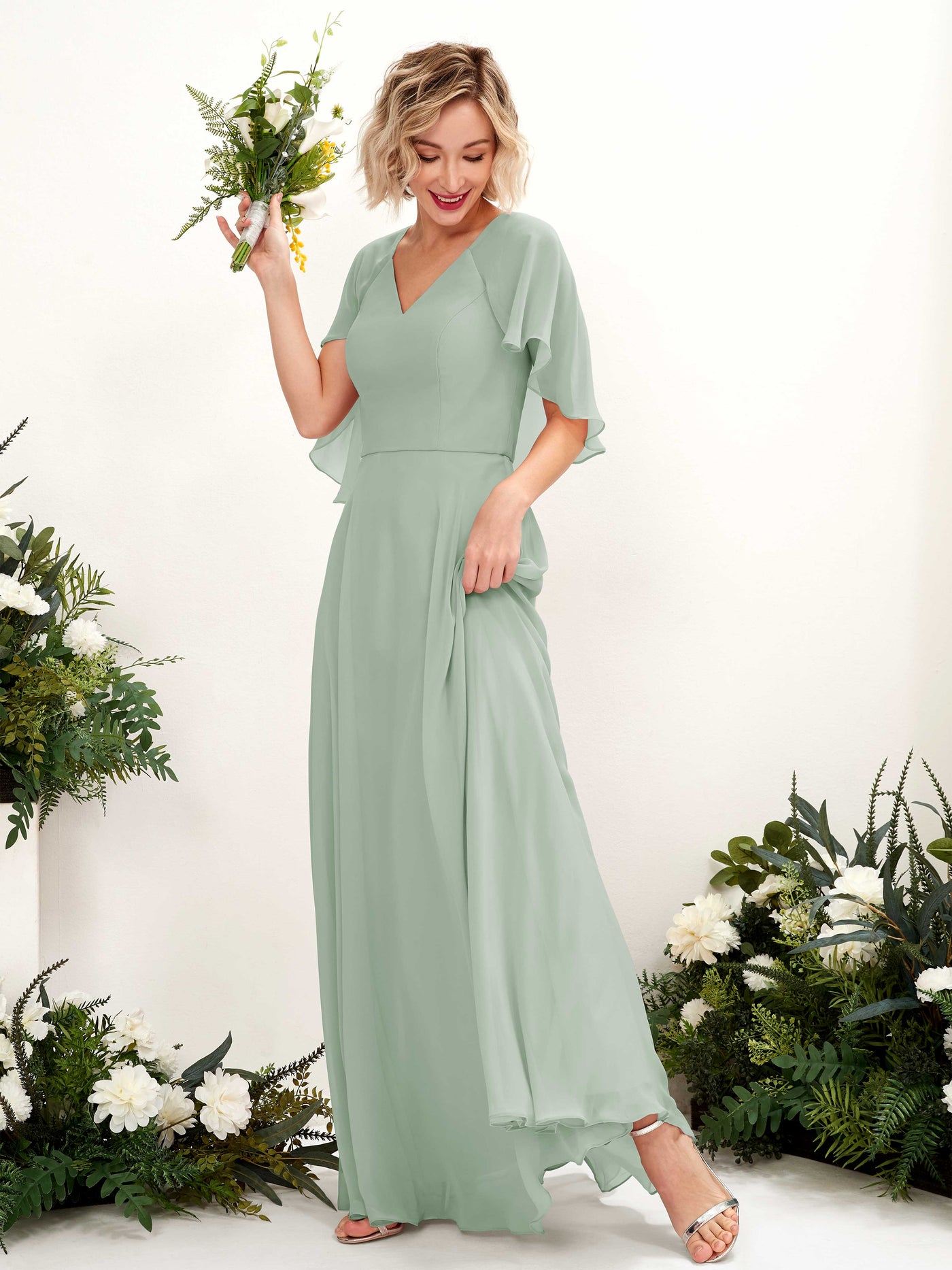 Sage Green Bridesmaid Dresses Bridesmaid Dress A-line Chiffon V-neck Full Length Short Sleeves Wedding Party Dress (81224405)#color_sage-green