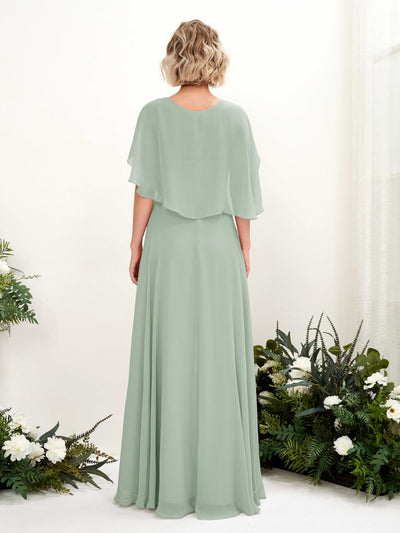 Carlyna Winnie A-Line Sage Green Bridesmaid Dress Maxi Short Sleeve V-Neck Dress Back View #color_sage-green