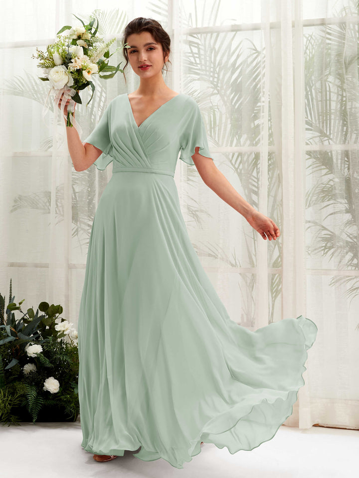 Sage Green Bridesmaid Dresses Bridesmaid Dress A-line Chiffon V-neck Full Length Short Sleeves Wedding Party Dress (81224605)