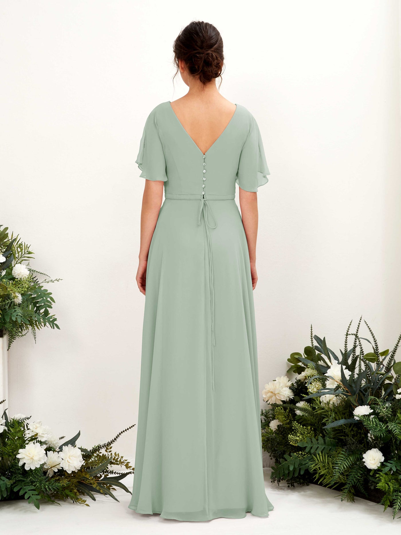 Sage Green Bridesmaid Dresses Bridesmaid Dress A-line Chiffon V-neck Full Length Short Sleeves Wedding Party Dress (81224605)#color_sage-green