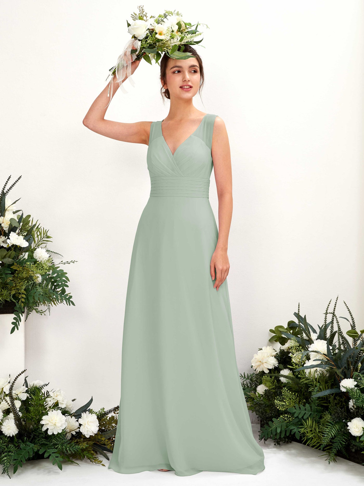 Sage Green Bridesmaid Dresses Bridesmaid Dress A-line Chiffon Straps Full Length Sleeveless Wedding Party Dress (81220905)#color_sage-green