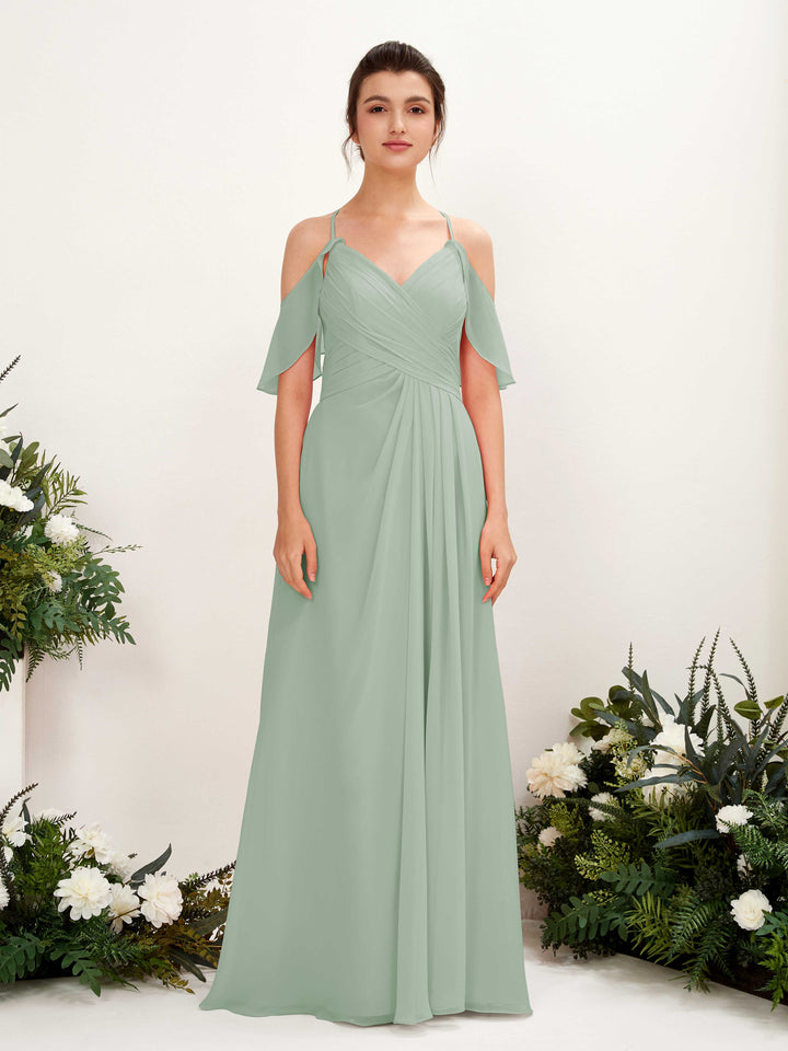 Ball Gown Off Shoulder Spaghetti-straps Chiffon Bridesmaid Dress - Sage Green (81221705)