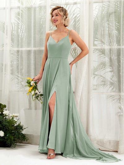 Sage Green Bridesmaid Dresses Bridesmaid Dress A-line Chiffon V-neck Full Length Sleeveless Wedding Party Dress (81224105)#color_sage-green