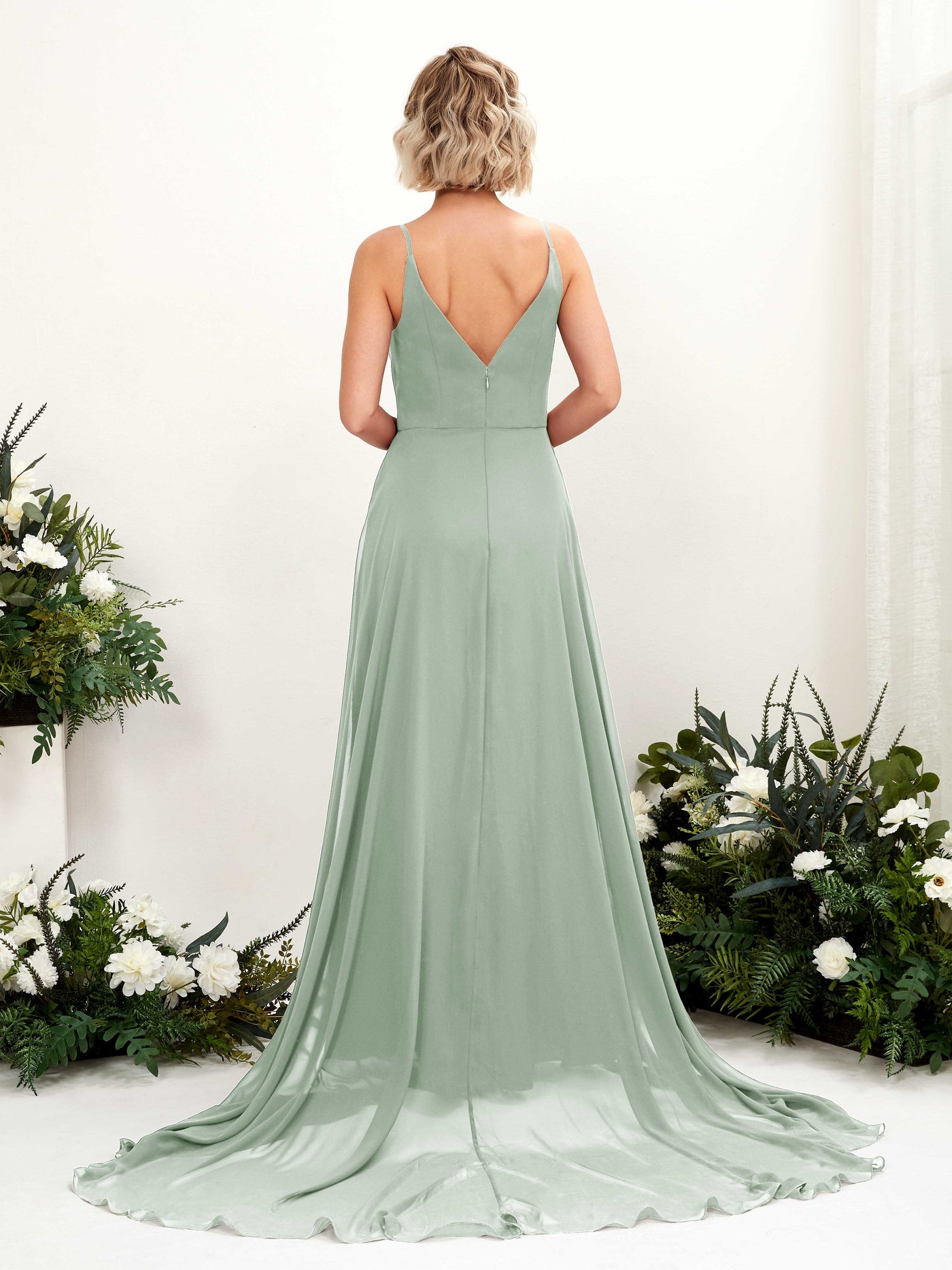 Sage Green Bridesmaid Dresses Bridesmaid Dress A-line Chiffon V-neck Full Length Sleeveless Wedding Party Dress (81224105)#color_sage-green