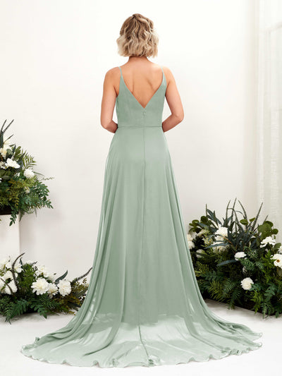 Carlyna Mana A-Line Sage Green Bridesmaid Dress Maxi Sleeveless V-Neck Dress Back View #color_sage-green