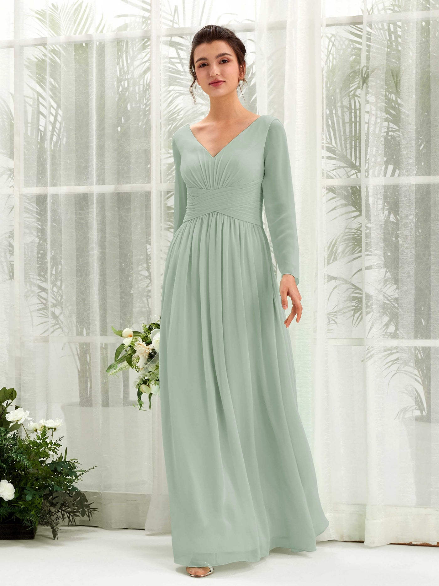Sage Green Bridesmaid Dresses Bridesmaid Dress A-line Chiffon V-neck Full Length Long Sleeves Wedding Party Dress (81220305)#color_sage-green
