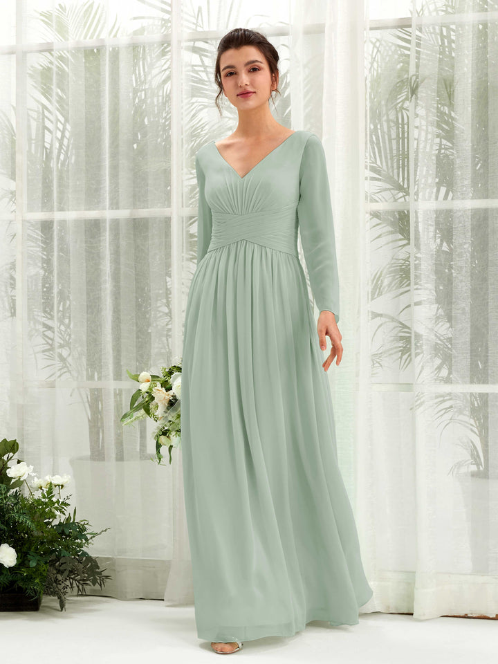 Sage Green Bridesmaid Dresses Bridesmaid Dress A-line Chiffon V-neck Full Length Long Sleeves Wedding Party Dress (81220305)