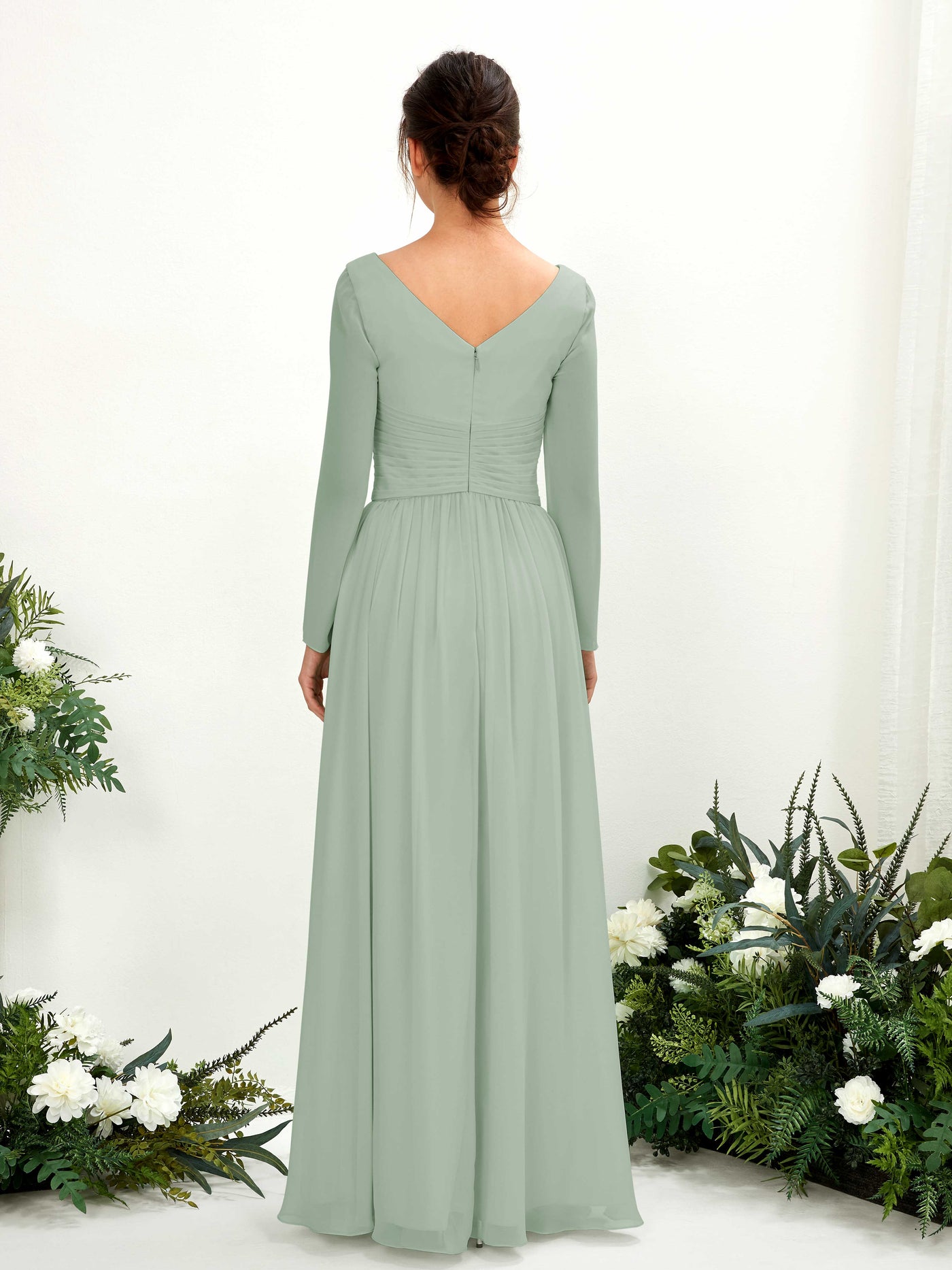 Sage Green Bridesmaid Dresses Bridesmaid Dress A-line Chiffon V-neck Full Length Long Sleeves Wedding Party Dress (81220305)#color_sage-green