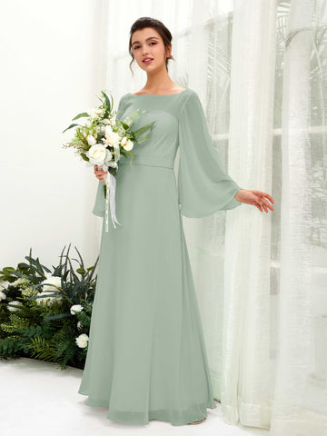 Sage Green Bridesmaid Dresses Bridesmaid Dress A-line Chiffon Bateau Full Length Long Sleeves Wedding Party Dress (81220505)#color_sage-green