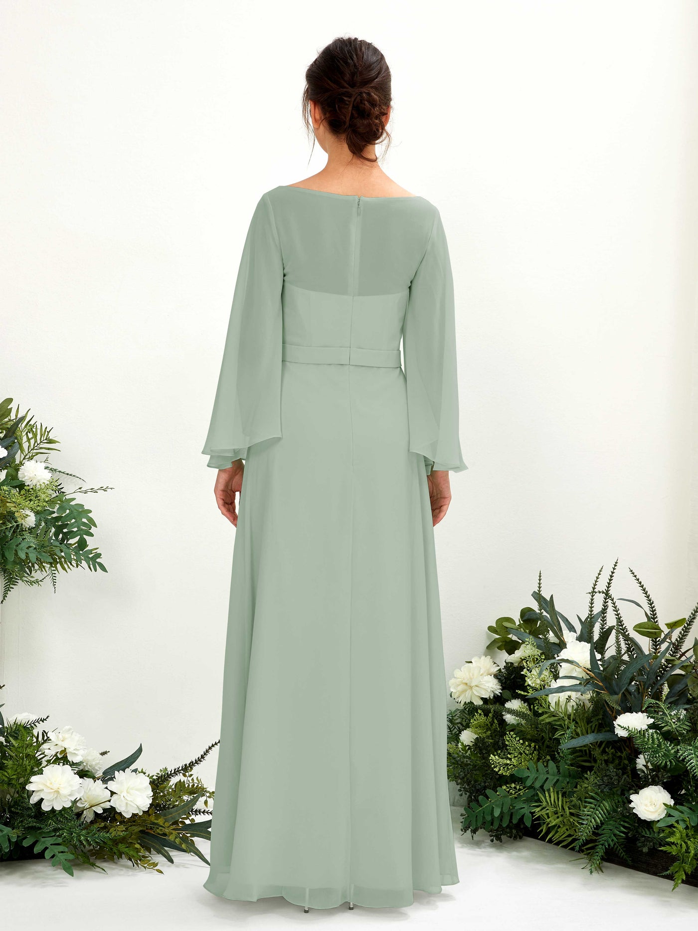Sage Green Chiffon Bridesmaid Dress A-Line Maxi Long Sleeve