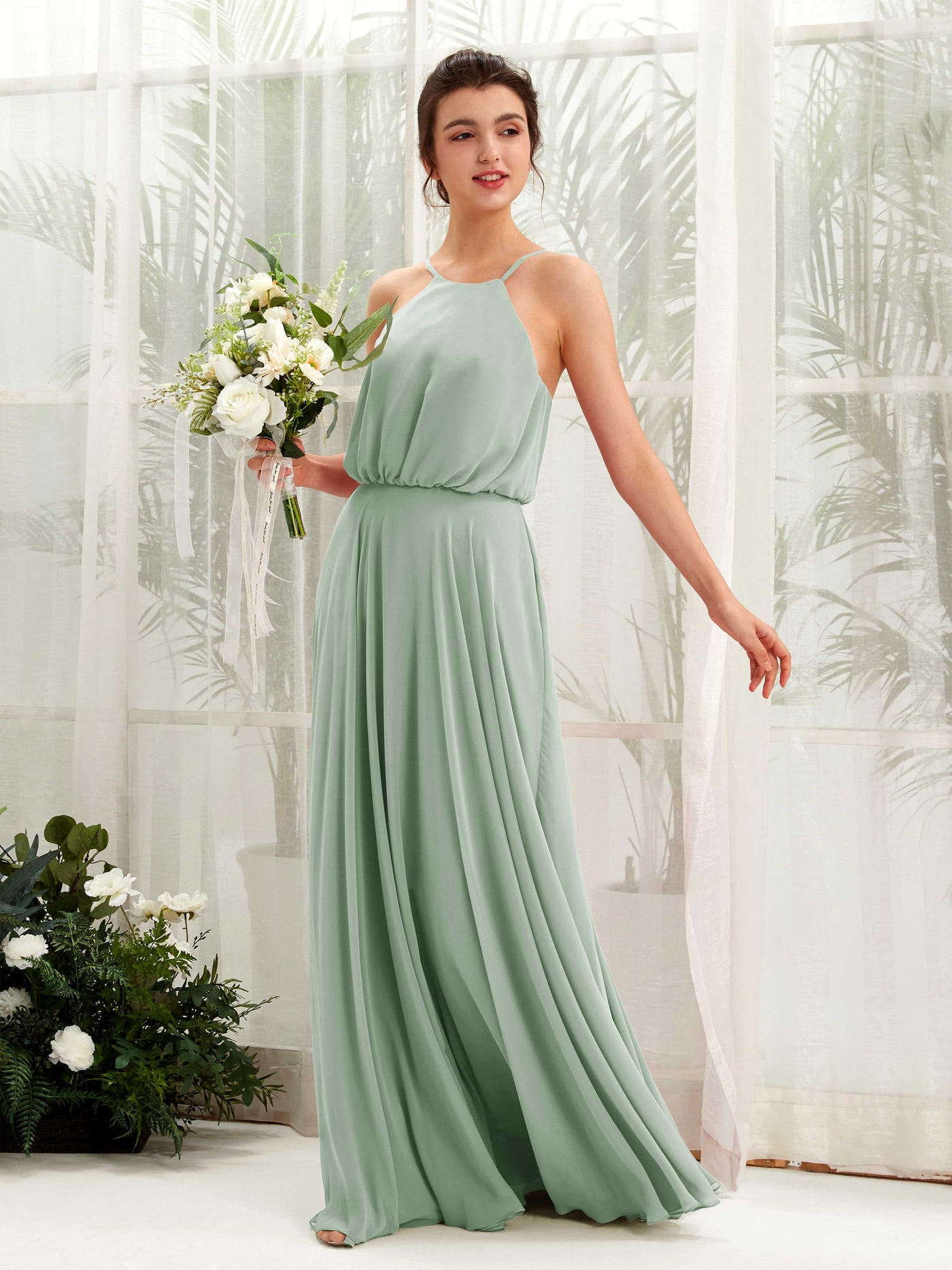 Sage Green Bridesmaid Dresses Bridesmaid Dress Ball Gown Chiffon Halter Full Length Sleeveless Wedding Party Dress (81223405)#color_sage-green