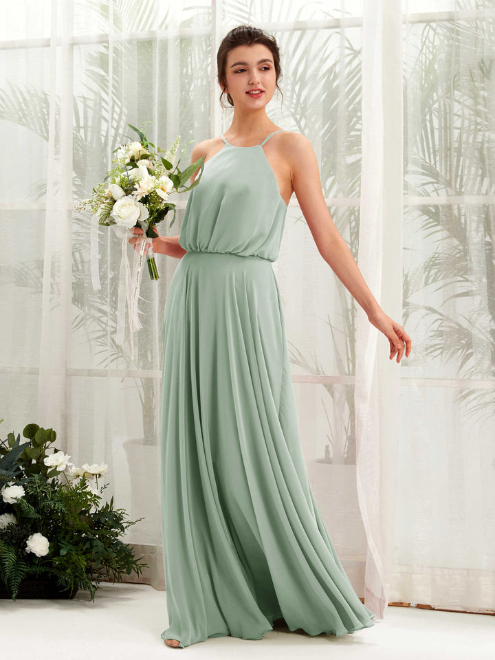Sage Green Bridesmaid Dresses Bridesmaid Dress Ball Gown Chiffon Halter Full Length Sleeveless Wedding Party Dress (81223405)