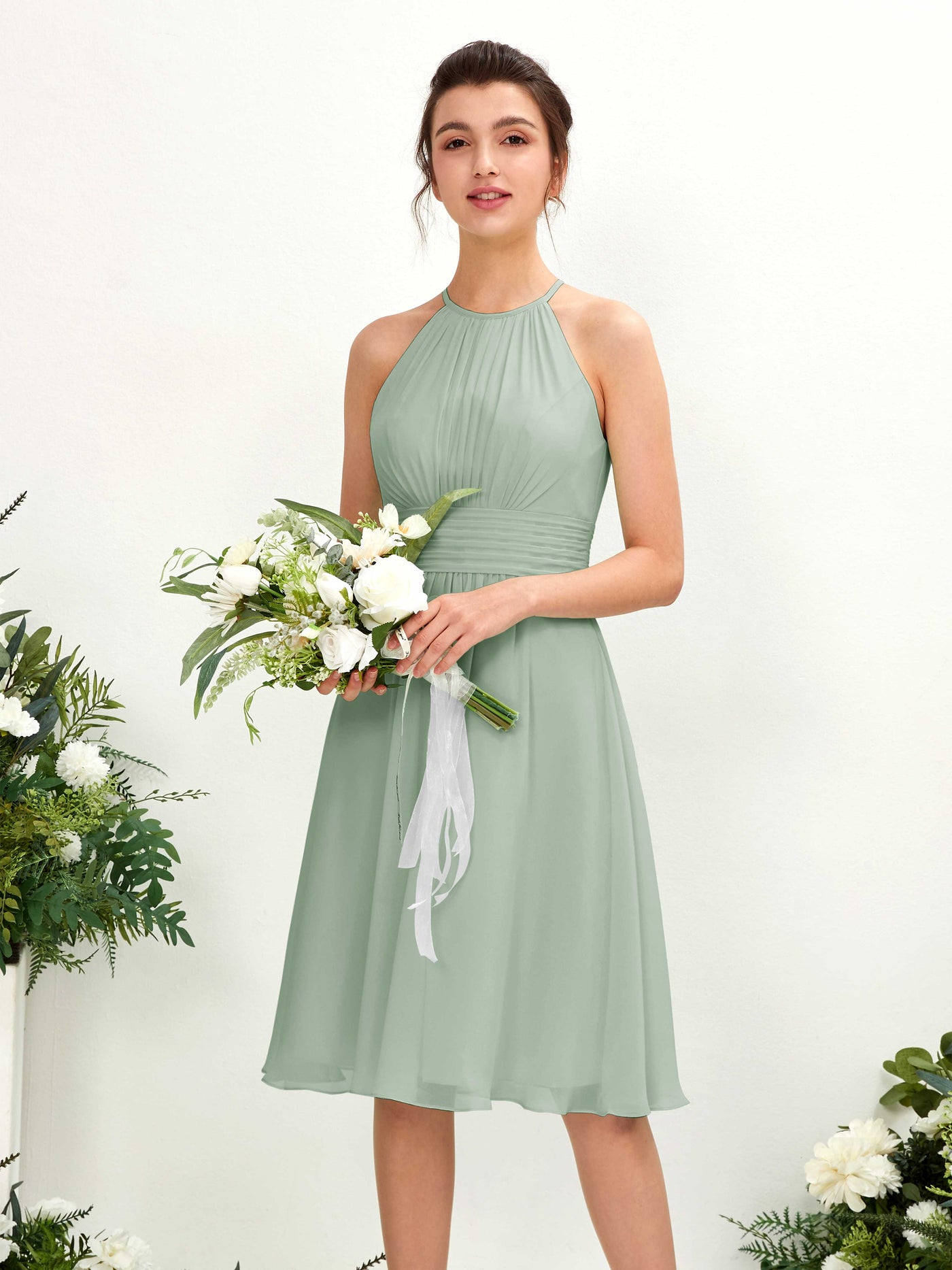 Sage Green Bridesmaid Dresses Bridesmaid Dress A-line Chiffon Halter Knee Length Sleeveless Wedding Party Dress (81220105)#color_sage-green