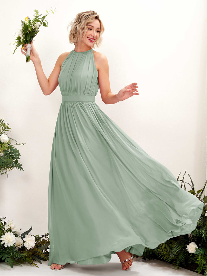 Sage Green Bridesmaid Dresses Bridesmaid Dress A-line Chiffon Halter Full Length Sleeveless Wedding Party Dress (81223105)