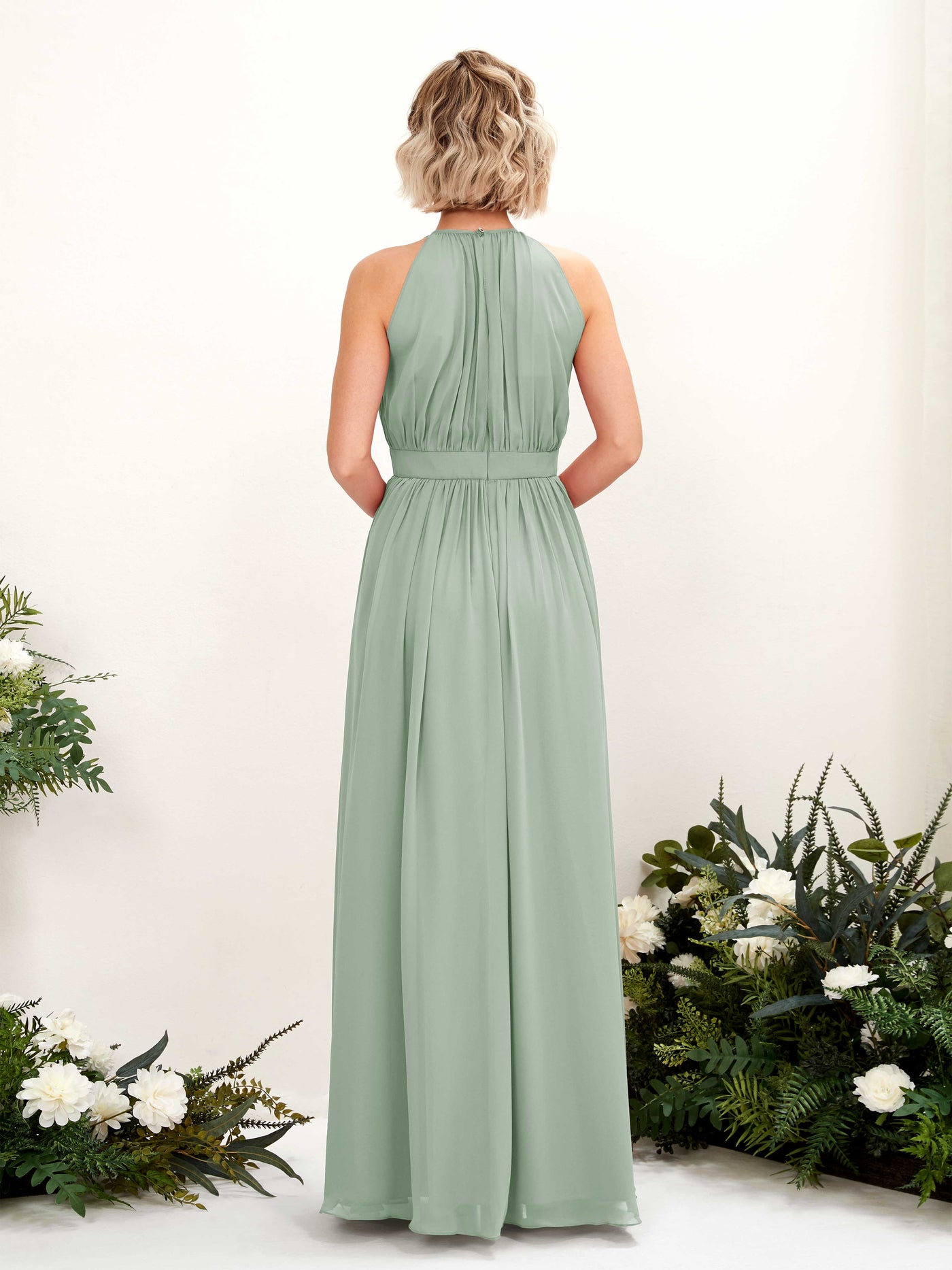 Sage Green Bridesmaid Dresses Bridesmaid Dress A-line Chiffon Halter Full Length Sleeveless Wedding Party Dress (81223105)#color_sage-green