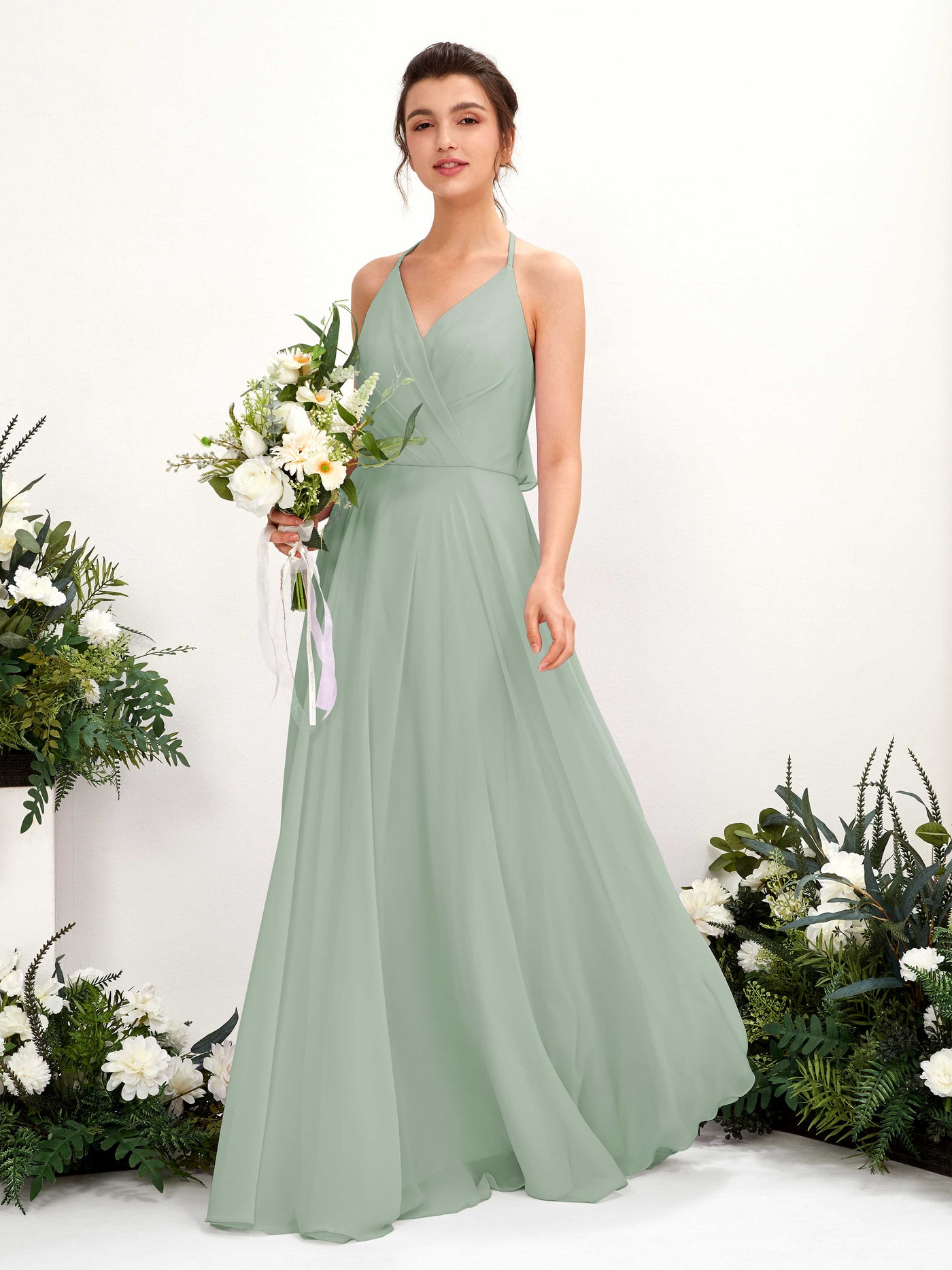 Halter V-neck Sleeveless Chiffon Bridesmaid Dress - Sage Green (81221005)#color_sage-green