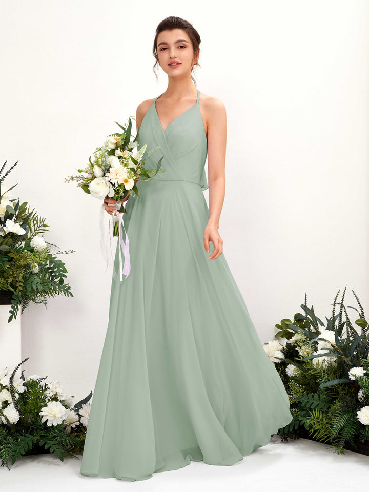 Halter V-neck Sleeveless Chiffon Bridesmaid Dress - Sage Green (81221005)