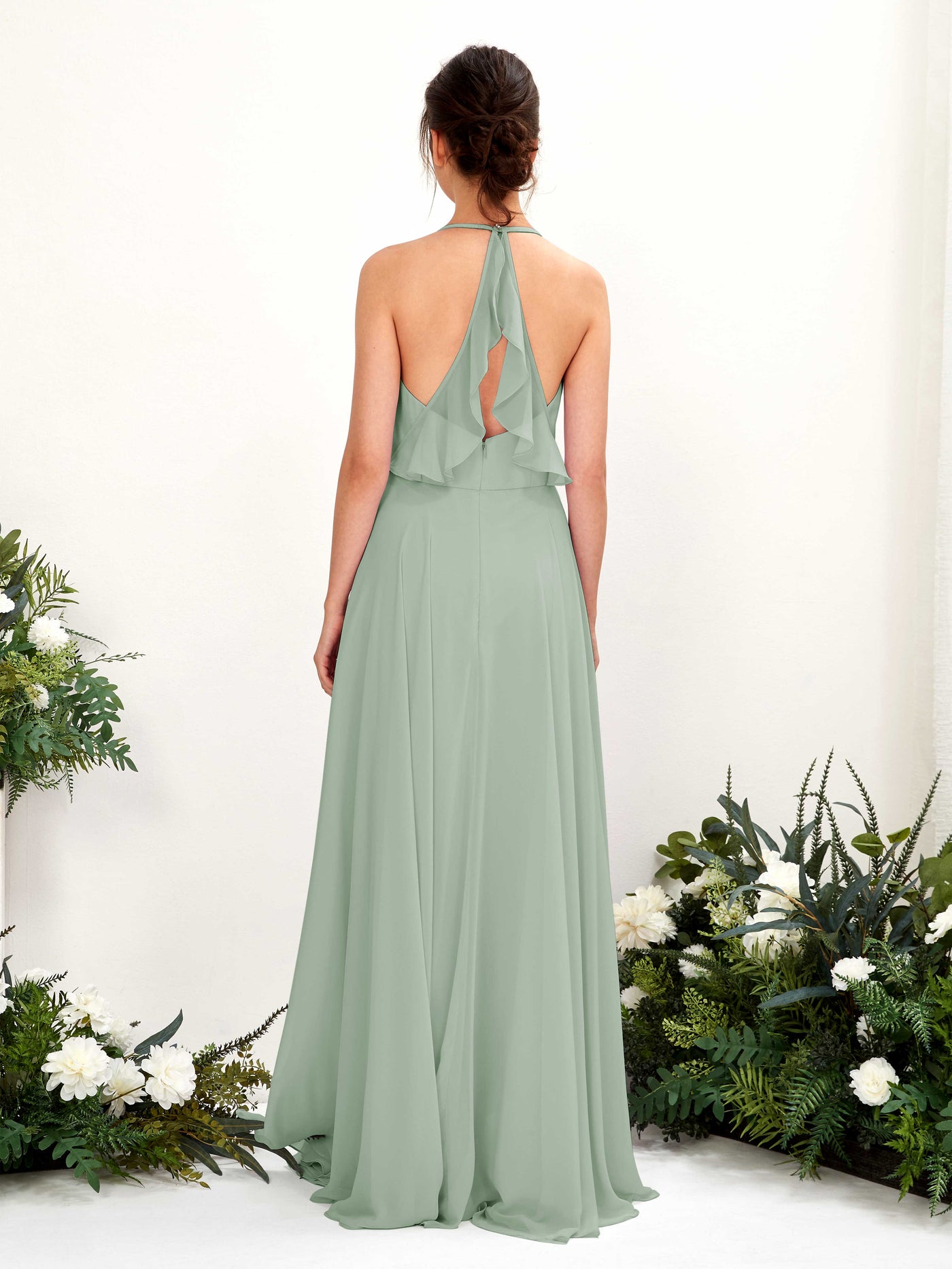 Halter V-neck Sleeveless Chiffon Bridesmaid Dress - Sage Green (81221005)#color_sage-green