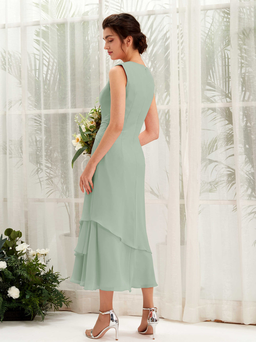 kelly green chiffon bridesmaid dresses ZAPAKA Women Eucalyptus Tiered Bridesmaid Dress A-Line Spaghetti Straps Chiffon  Wedding Guest Dress main image 0
