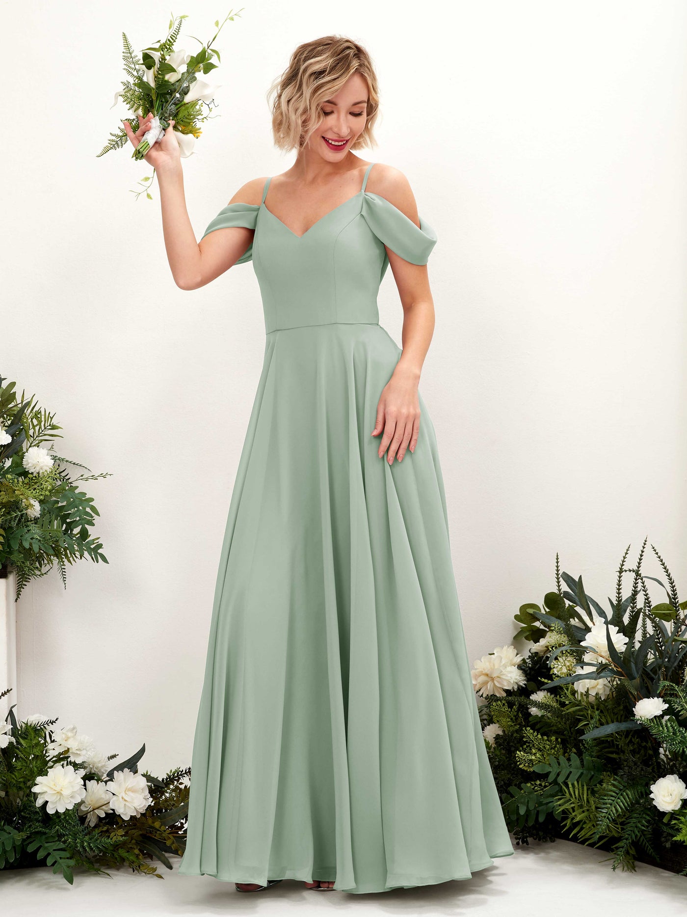 Sage Green Bridesmaid Dresses Bridesmaid Dress A-line Chiffon Off Shoulder Full Length Sleeveless Wedding Party Dress (81224905)#color_sage-green